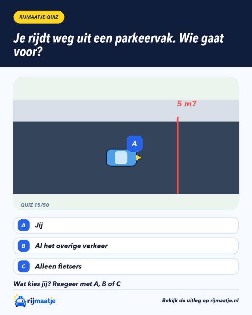 Je rijdt weg uit een parkeervak. Wie gaat voor? – Rijmaatje