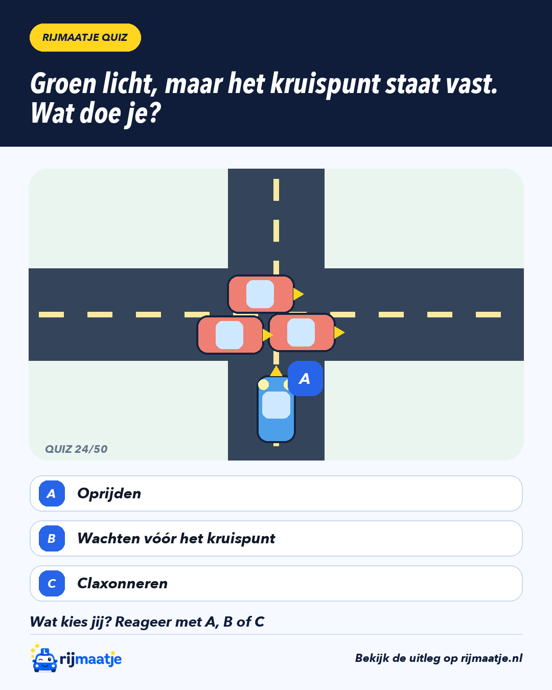 Groen licht, maar het kruispunt staat vast. Wat doe je? – Rijmaatje