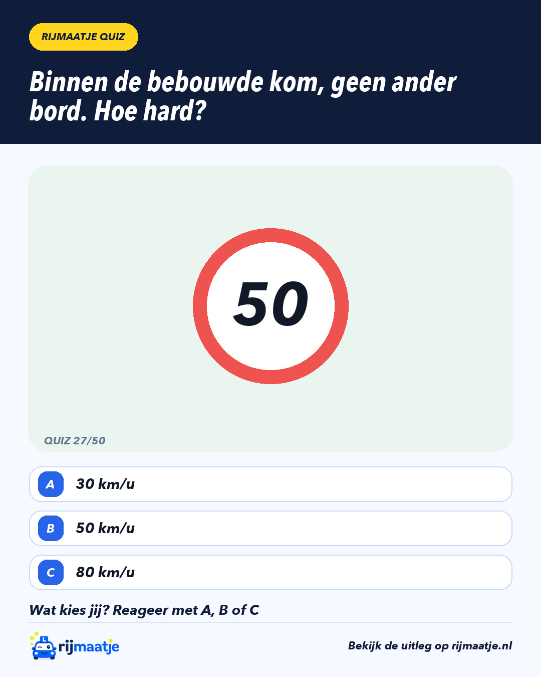 Binnen de bebouwde kom, geen ander bord. Hoe hard? – Rijmaatje