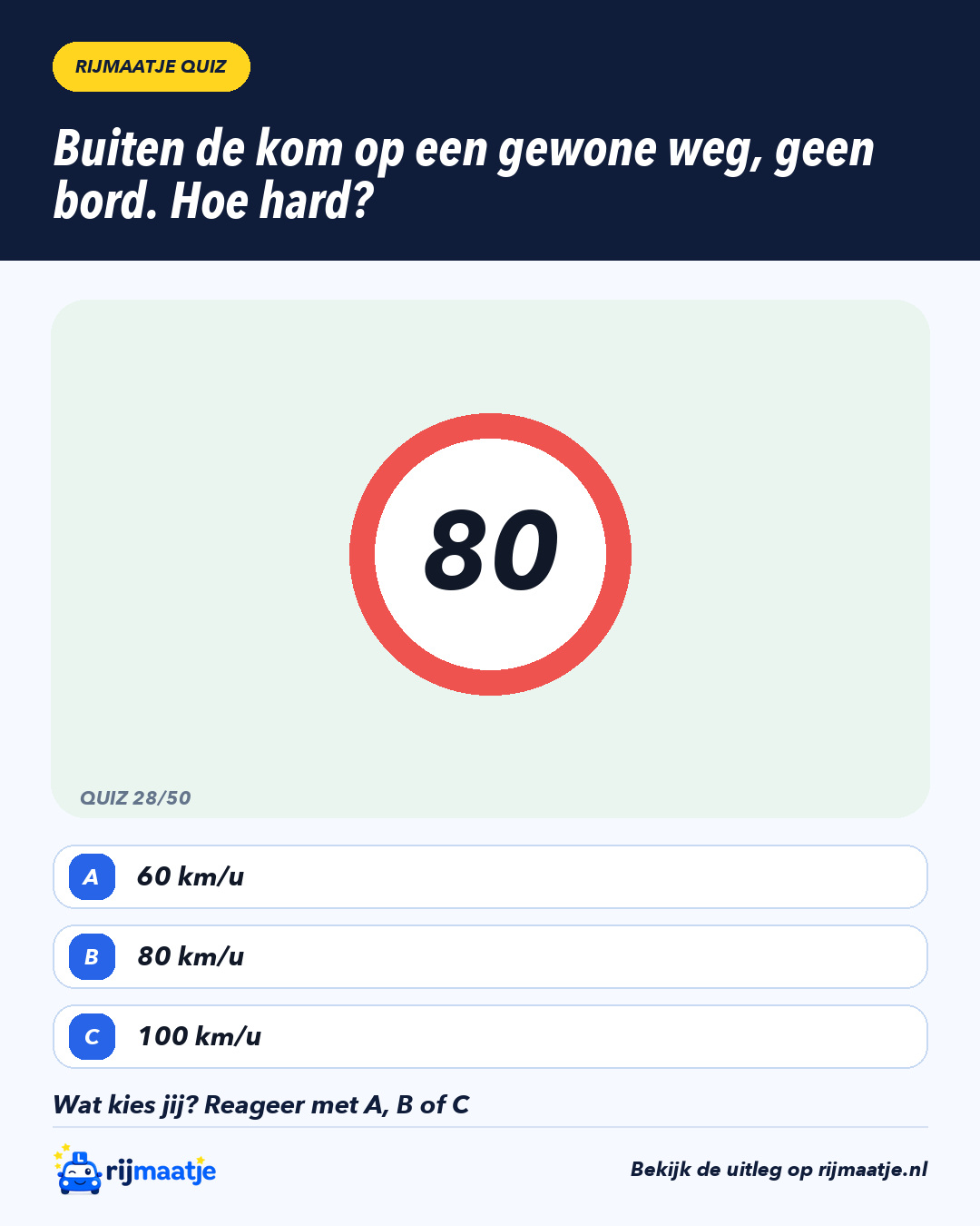 Buiten de kom op een gewone weg, geen bord. Hoe hard? – Rijmaatje