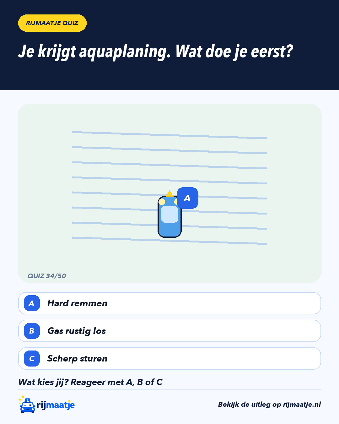 Je krijgt aquaplaning. Wat doe je eerst? – Rijmaatje