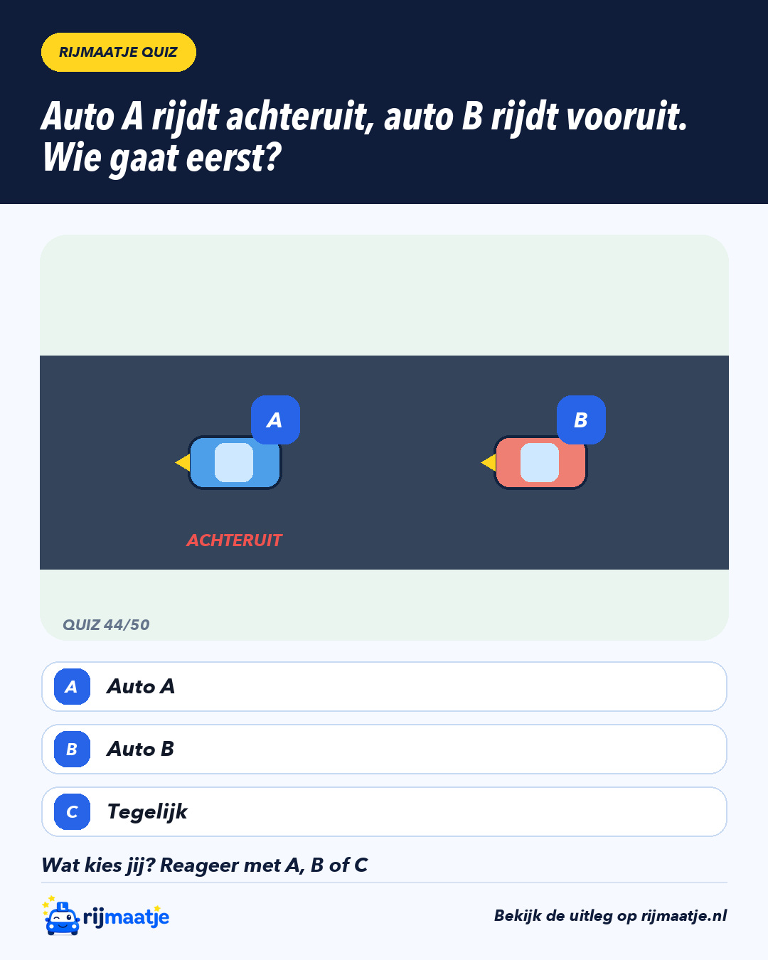 Auto A rijdt achteruit, auto B rijdt vooruit. Wie gaat eerst? – Rijmaatje