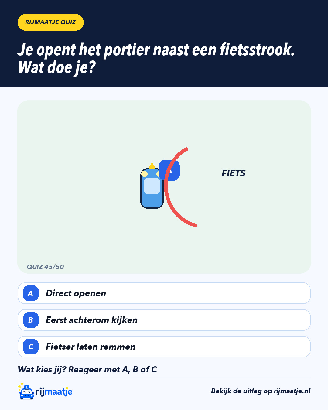 Je opent het portier naast een fietsstrook. Wat doe je? – Rijmaatje