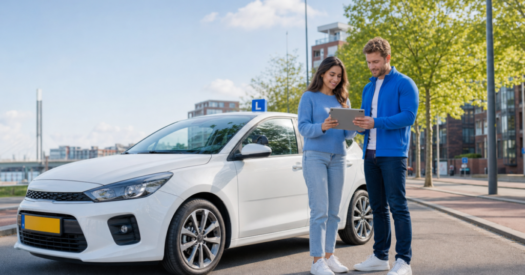 Leerling vergelijkt samen met een instructeur verschillende rijscholen