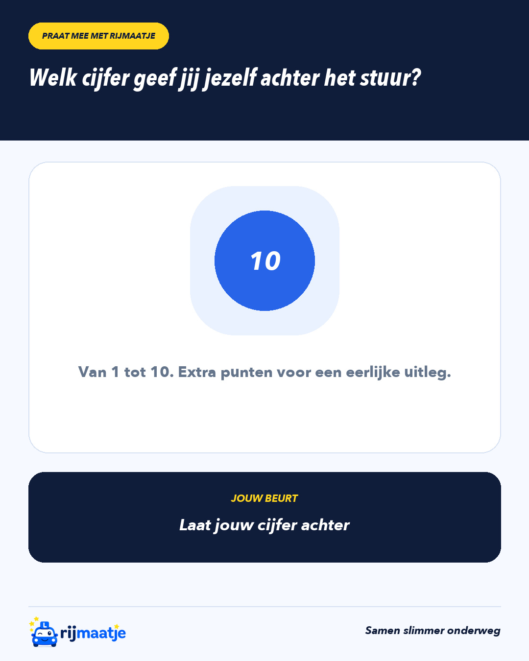 Welk cijfer geef jij jezelf achter het stuur? – Rijmaatje